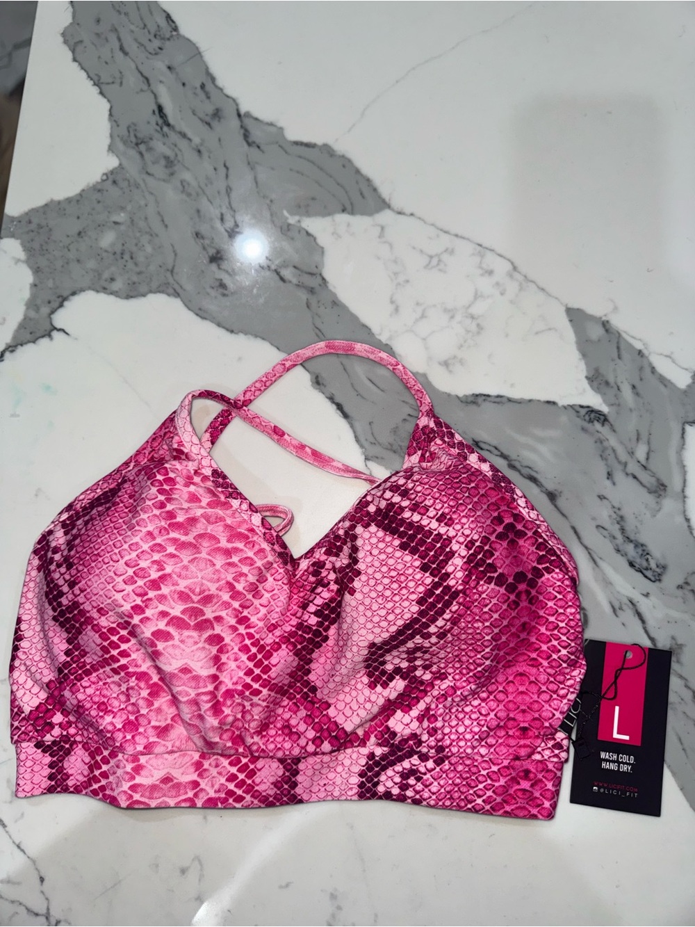 Pink Snake-Print Sports Bra with Crisscross Back